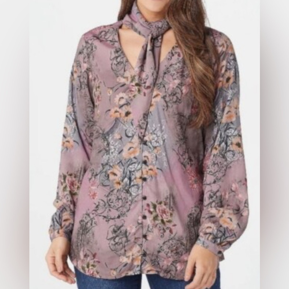 Tolani Collection  Long-Sleeve Top with Neck Tie